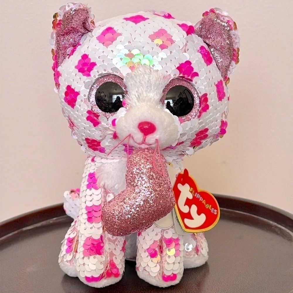 Brand New Ty FIippables Sequins Cupid the Valentine Cat Plush & Pink Boba Diary